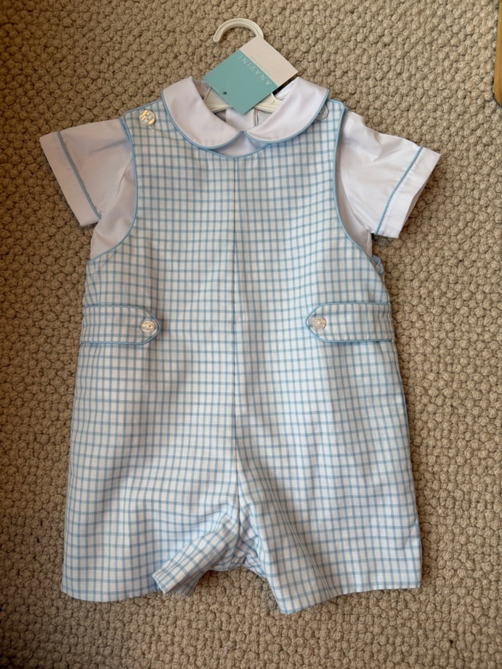 Ana Vini Light Blue Checked Baby Romper with White Collar NWT